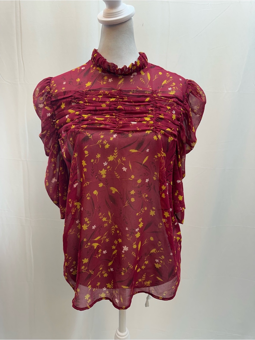 Chelsea28 Burgundy Floral Pintuck Ruffled Sheer Blouse S - Picture 1 of 4
